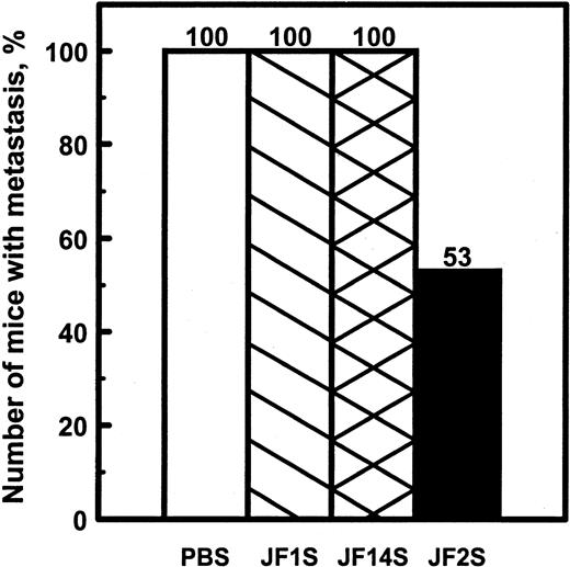 Fig. 3. Prevention of PC-3M prostate tumor metastasis by treatment with angiogenin antisense JF2S. Harvested cells were injected into one of two surgically exposed prostate lobes of anesthetized 6-week old male athymic mice (3.75 × 105 viable cells in 10 μl of HBSS/mouse). One hour later treatments with PBS or [S]ODNs were initiated. [S]ODN protocol, day 0: 400 μg; days 1–13: 200 μg, 6×/week; and days 14-sacrifice: 200 μg, 4×/week. Iliac lymph nodes were removed at sacrifice (days 37–41) and examined for the presence of micrometastases. Presented is a summary of three separate experiments. Treatments were with PBS (□; n = 18), sense JF1S (▧; n = 23), scrambled JF14S controls (; n = 14), or antisense JF2S (▪; n = 32).