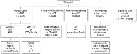Fig. 2. Schema of patient outcomes for all of the patients in the randomized clinical trial of 4-HPR and placebo; PR, partial responder.