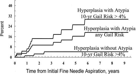 Fig. 4. Hazard function for subsequent detection/development of DCIS or invasive breast cancer as a function of time after initial FNA of high-risk women. Groups are defined as having a 10-year Gail risk that is >4% plus FNA evidence of epithelial hyperplasia without atypia (group 1); FNA evidence of epithelial hyperplasia with atypia (group 2); and FNA evidence of epithelial hyperplasia with atypia plus a 10-year Gail risk >4% (group 3). Note that the groups are not exclusive. Modified from Fabian et al. (267).