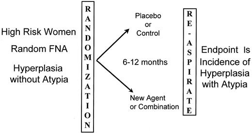 Fig. 5. Schematic of the FNA failure-to-progress model. High-risk women with random FNA evidence of epithelial hyperplasia without atypia are randomized between placebo and investigational agent for 6–12 months and then undergo repeat FNA. The study endpoint is the incidence of hyperplasia with atypia detected in the repeat aspiration.