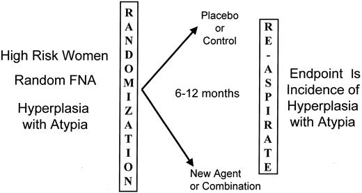 Fig. 6. Schematic of the FNA reversal-of-atypia model. High-risk women with random FNA evidence of epithelial hyperplasia with atypia are randomized between placebo and investigational agent for 6–12 months and then undergo repeat FNA. The study endpoint is the reversal of cytological atypia in the repeat FNA.