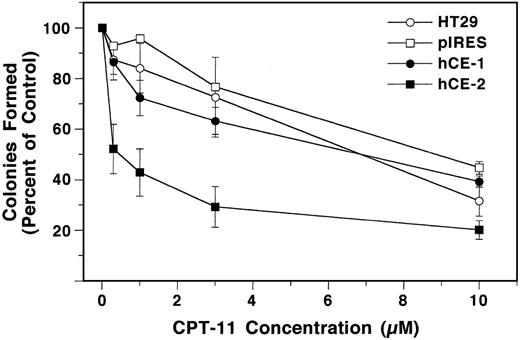 Fig. 3. Cytotoxicity of irinotecan in HT-29 cells expressing hCE. HT-29 transfectants were incubated in the presence of increasing concentrations of irinotecan (0.3 to 10 μm) for 4 h at 37°C. Colony-forming efficiency of the exposed cells was then determined. Data represents the average of a minimum of three experiments (±SE).