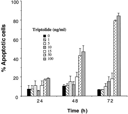 Fig. 3. Induction of apoptosis by triptolide. E-CA-12 cells were treated with various concentrations of triptolide (1–100 ng/ml) for 24–72 h. The amount of apoptosis was quantified by Hoechst 33342/propidium iodide staining of nuclear DNA in conjunction with nuclear morphology. Four hundred cells were randomly selected, and the number of cells with normal and abnormal nuclei was noted for each treatment. Data represent the mean (±SE) of two separate experiments.