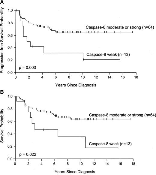 Fig. 1. Caspase-8 protein expression and survival. The Kaplan-Meier curves show the probability of progression-free survival (A) and overall survival (B) in terms of the level of expression of caspase-8 protein determined by immunohistochemistry. The survival curves were analyzed by the log-rank test.