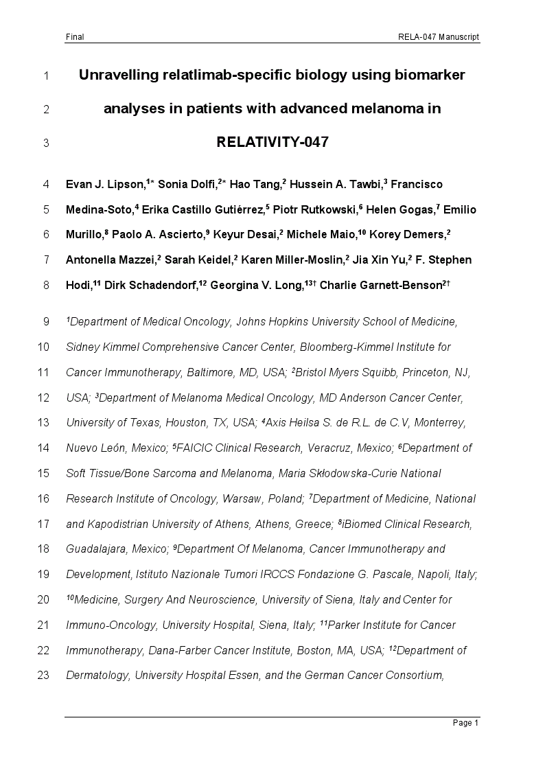 First page of Unravelling relatlimab-specific biology using biomarker analyses in patients with advanced melanoma in RELATIVITY-047<alt-title alt-title-type="left-running">Unravelling relatlimab biology in melanoma</alt-title>