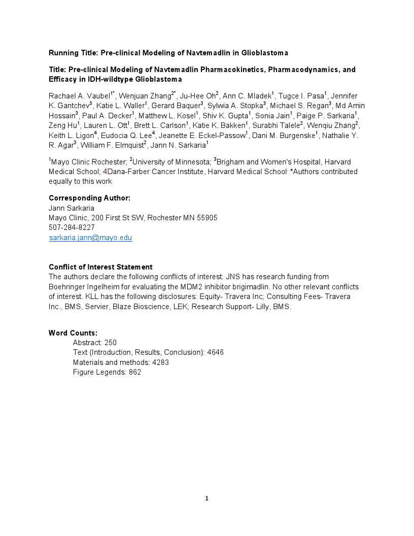 First page of Pre-clinical Modeling of Navtemadlin Pharmacokinetics, Pharmacodynamics, and Efficacy in IDH-wildtype Glioblastoma<alt-title alt-title-type="left-running">Pre-clinical Modeling of Navtemadlin in Glioblastoma</alt-title>