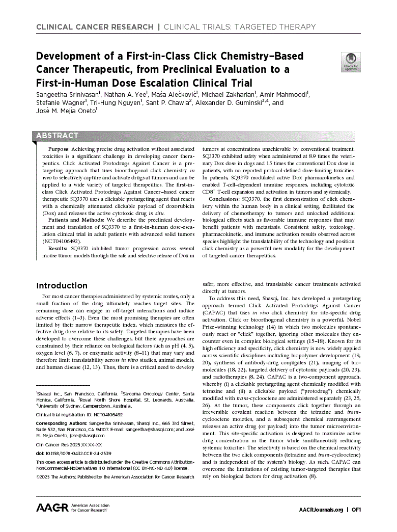 First page of Development of a First-in-Class Click Chemistry–Based Cancer Therapeutic, from Preclinical Evaluation to a First-in-Human Dose Escalation Clinical Trial<alt-title alt-title-type="short">The First <italic>In Vivo</italic> Click Chemistry Cancer Therapeutic</alt-title>