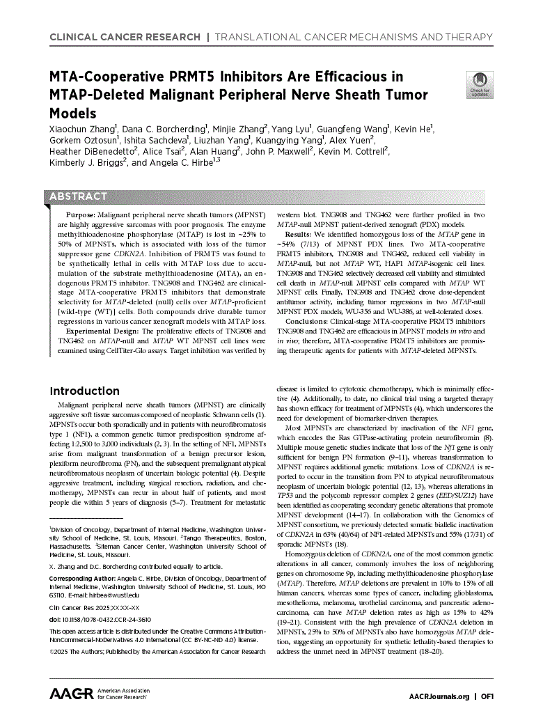 First page of MTA-Cooperative PRMT5 Inhibitors Are Efficacious in MTAP-Deleted Malignant Peripheral Nerve Sheath Tumor Models<alt-title alt-title-type="short">PRMT5 Inhibitors Are Effective in MTAP-Deleted MPNST</alt-title>
