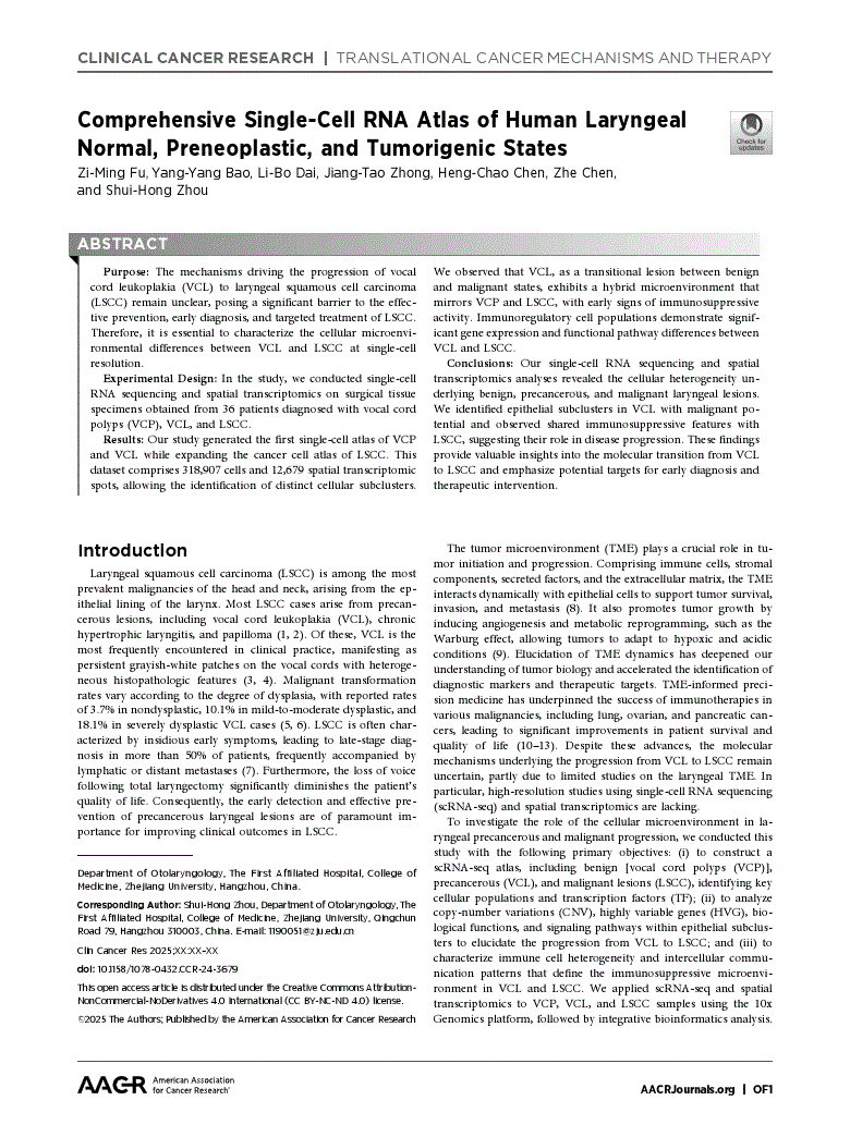 First page of Comprehensive Single-Cell RNA Atlas of Human Laryngeal Normal, Preneoplastic, and Tumorigenic States<alt-title alt-title-type="short">scRNA Atlas of Laryngeal Normal, Preneoplastic &amp; Tumor State</alt-title>