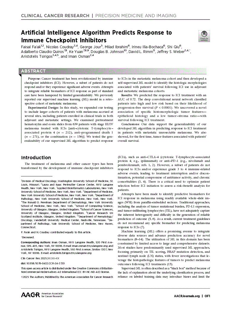 First page of Artificial Intelligence Algorithm Predicts Response to Immune Checkpoint Inhibitors<alt-title alt-title-type="short">Immunotherapy Response Prediction</alt-title>