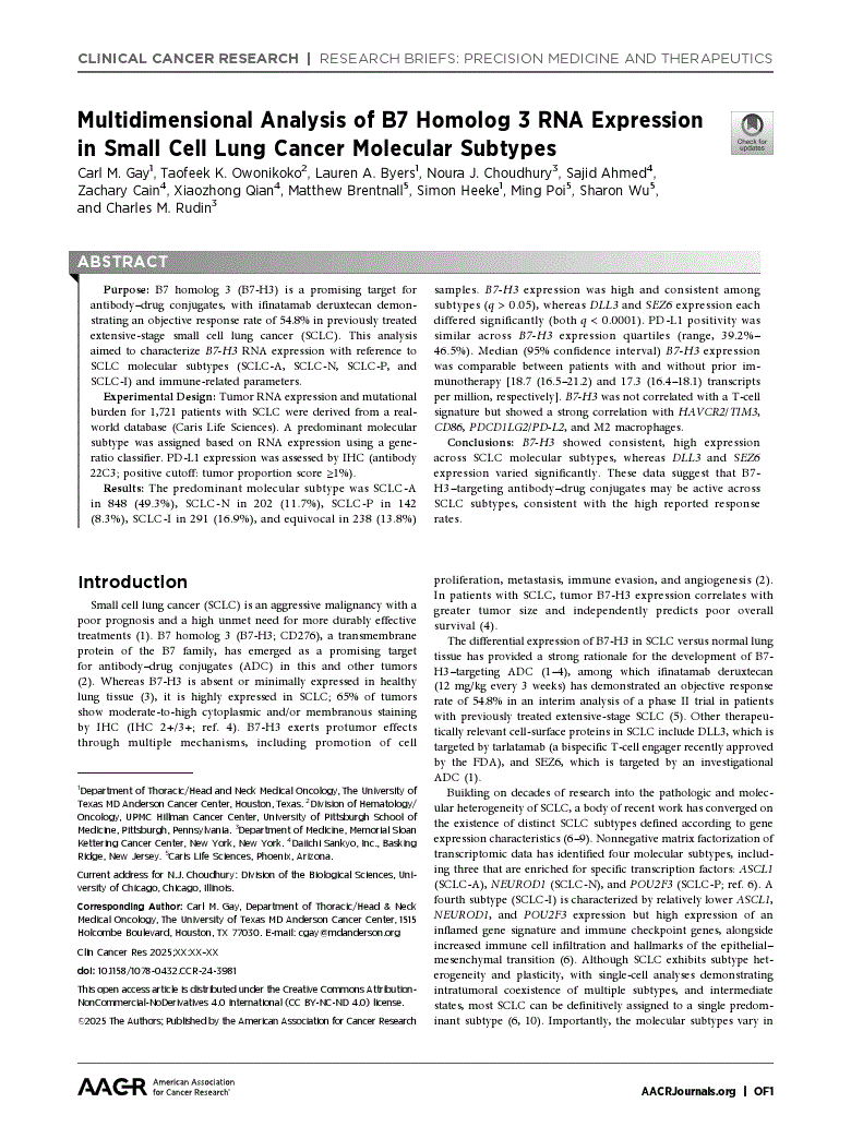 First page of Multidimensional Analysis of B7 Homolog 3 RNA Expression in Small Cell Lung Cancer Molecular Subtypes<alt-title alt-title-type="short"><italic>B7-H3</italic> Expression in SCLC Molecular Subtypes</alt-title>