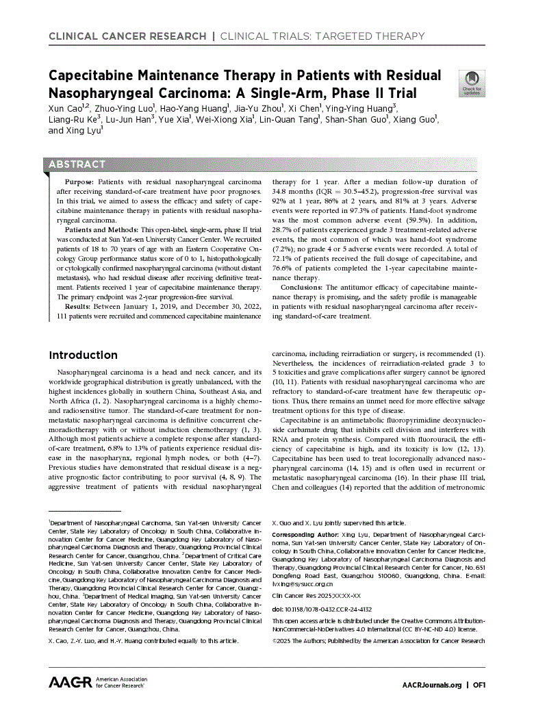 First page of Capecitabine Maintenance Therapy in Patients with Residual Nasopharyngeal Carcinoma: A Single-Arm, Phase II Trial<alt-title alt-title-type="short">Capecitabine Maintenance Therapy</alt-title>