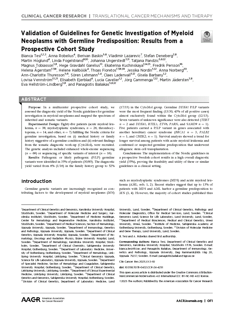 First page of Validation of Guidelines for Genetic Investigation of Myeloid Neoplasms with Germline Predisposition: Results from a Prospective Cohort Study<alt-title alt-title-type="short">Guideline-Based Germline Investigation in Myeloid Neoplasms</alt-title>