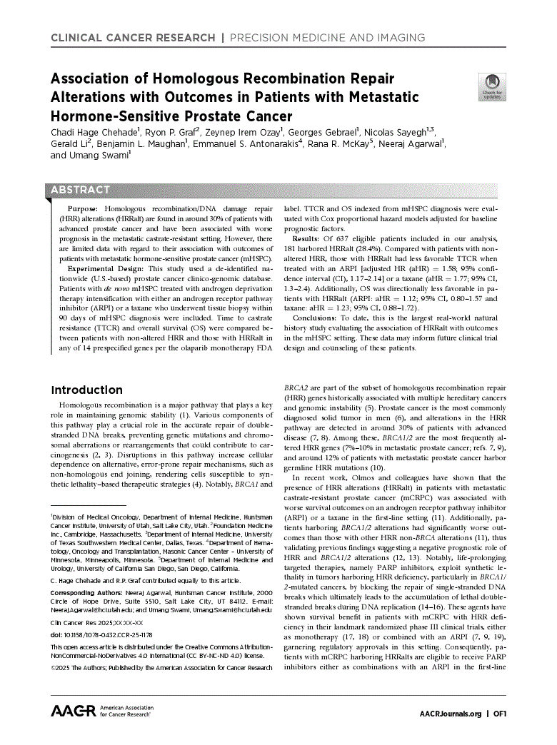 First page of Association of Homologous Recombination Repair Alterations with Outcomes in Patients with Metastatic Hormone-Sensitive Prostate Cancer<alt-title alt-title-type="short">Association of HRR Alterations with Outcomes in mHSPC</alt-title>