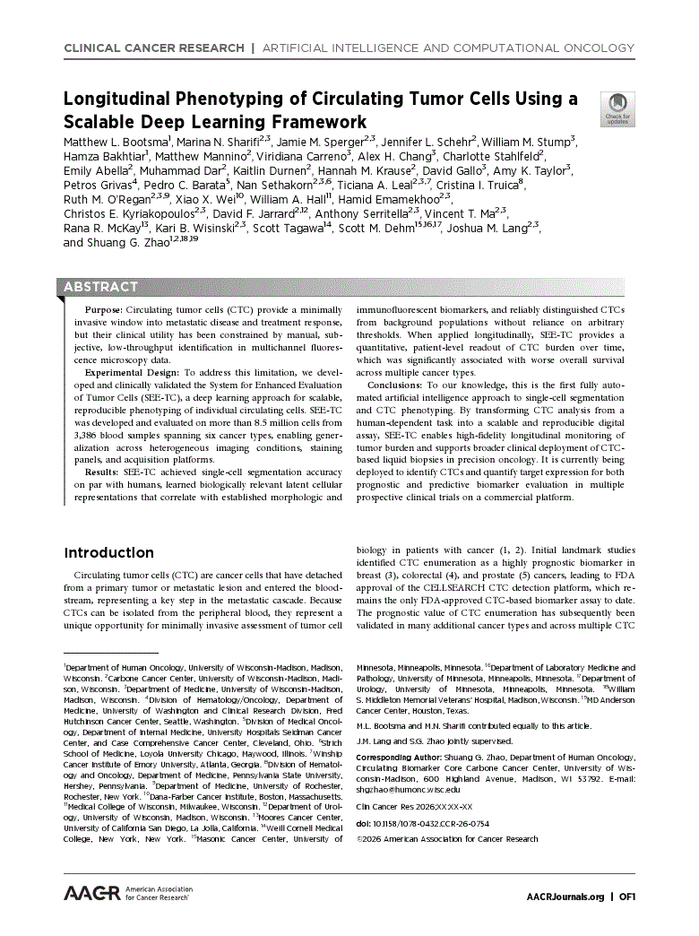 First page of Longitudinal Phenotyping of Circulating Tumor Cells Using a Scalable Deep Learning Framework<alt-title alt-title-type="short">A Fully Automated AI Approach to CTC Phenotyping</alt-title>