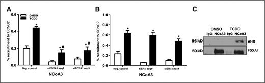 Figure 6. NCoA3 is part of the complex formed at CCNG2. Recruitment of NCoA3 was determined after knockdown of FOXA1 (A) and ERα (B). Briefly, cells were transfected with siRNA targeting both factors followed by treatment with 10 nmol/L TCDD, after which chromatin was immunoprecipitated using an antibody against NCoA3. The immunoprecipitated DNA was measured by qPCR with primers targeting the enhancer region. Each graph represents the mean of 3 independent replicates with the * indicating statistically significant differences compared with DMSO negative control whereas the # indicates statistically significant differences compared with TCDD negative (neg.) control (P < 0.05, one-way ANOVA). C, co-IP studies were completed in T-47D cells. Cells were treated for 45 minutes with either DMSO or TCDD and then cross-linked using formaldehyde. Cell lysate was immunoprecipitated using a selective NCoA3 antibody. IgG was used as the negative control. Western blotting was done using antibodies against AHR and FOXA1.