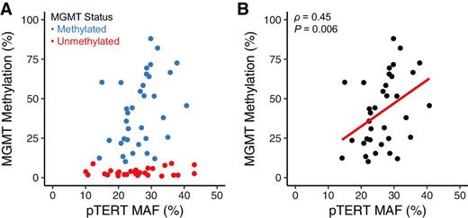 Figure 3. Correlation of tumor purity and extent of MGMT methylation. A, Scatter plot of pTERT MAF as a direct measure of tumor purity versus mean MGMT methylated allele frequency across five CpG islands per tumor in pTERT mutant gliomas (n = 65). B, Correlation of pTERT-MAF and mean MGMT methylated allele frequency in MGMT methylation positive gliomas (n = 35) using Spearman ρ.