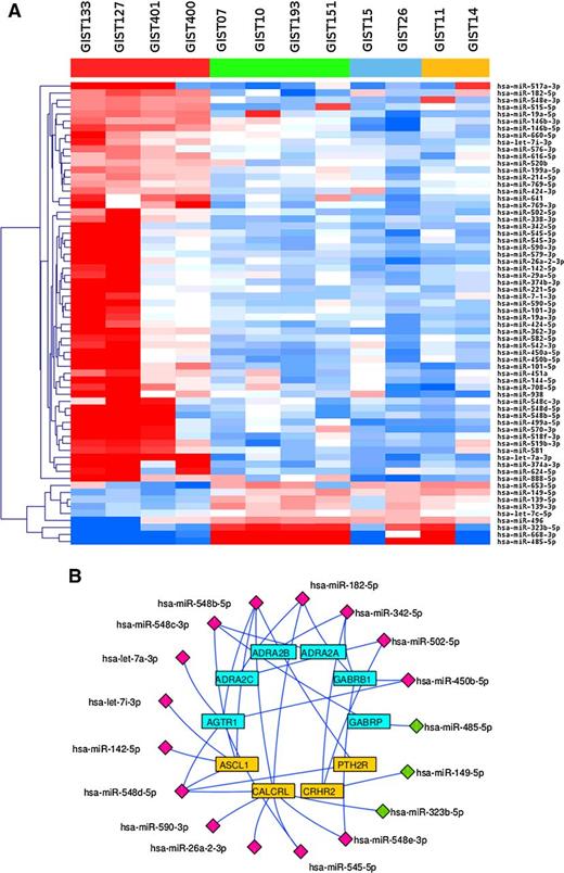 Figure 2. miRNA expression of quadruple WT GIST. A, Heatmap showing the 66 differentially expressed miRNA in quadruple WT GIST. B, Correlation miRNA-mRNA: 17 miRNA were identified as putative regulators of 10 Neuroactive ligand-receptor signature genes. The neuroendocrine lineage genes were highlighted in yellow blocks. The overexpressed and underexpressed miRNA are colored in pink and green, respectively.