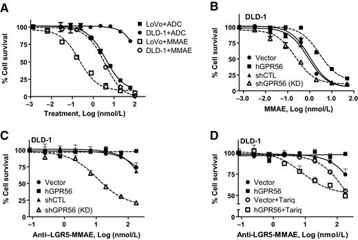 Figure 6. GPR56 knockdown sensitizes cells to anti–LGR5-MMAE ADC. A, Cytotoxicity of LoVo and DLD-1 cells to free MMAE (nmol/L, drug concentration) after 3 days and anti–LGR5-MMAE ADC (nmol/L, antibody concentration) after 4 days. Viability of DLD-1 cell lines after treatment with (B) MMAE or (C) anti–LGR5-MMAE for 4 days. D, Cotreatment with 100 nmol/L tariquidar enhances cytotoxicity of DLD-1-vector and -hGPR56 cells to anti–LGR5-MMAE ADC after 4 days.