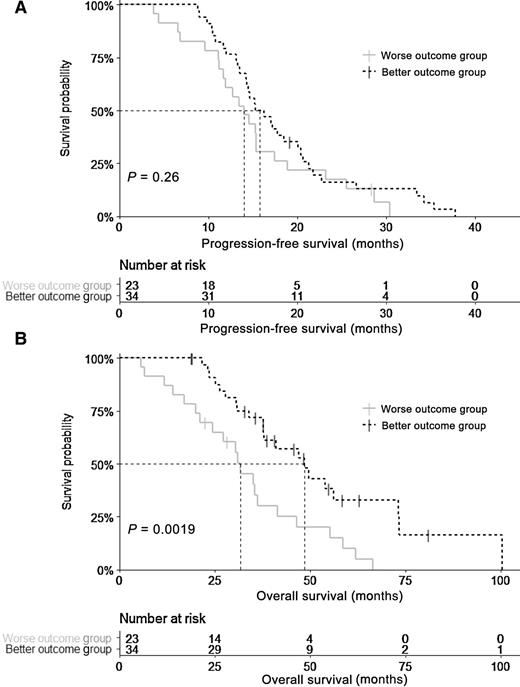 Figure 1. Kaplan–Meier curves of the identified molecular groups. The progression-free survival (A) and overall survival (B) of the predicated better (black-dotted) and predicted lower (gray) outcome groups were compared through a Kaplan–Meier analysis. The differences in survival was assessed by the log-rank test.