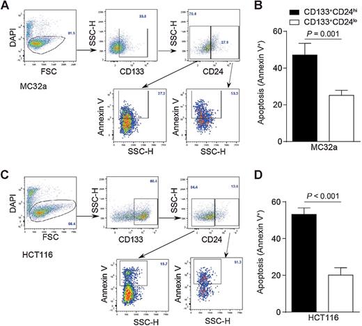 Figure 3. Colon CSC–like cells exhibit decreased sensitivity to Fas-mediated apoptosis. Murine MC32a (A) and human HCT116 (C) colon carcinoma cells were treated with Fas ligand (50 ng/mL) for 24 hours. Shown are representative flow cytometric dot plots of the gating strategy. Apoptosis (Annexin V+DAPI−) of CD133+CD24lo and CD133+CD24hi cells were determined by flow cytometry. Apoptosis (Annexin V+DAPI−) of the two subsets of cells in MC32a (B) and HCT116 (D) cells were then quantified. Data are representatives of three independent experiments. Column, mean; bar, SD. Statistical differences were determined by Student t test.