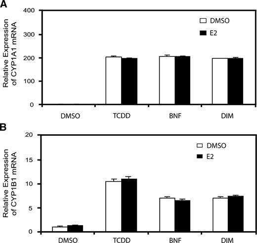 FIGURE 2. Induction of CYP1A1 and CYP1B1 mRNA expression levels by AHR agonists. T-47D cells were treated with 10 nmol/L TCDD, 1 μmol/L BNF, or 10 μmol/L DIM for 24 h. RNA was isolated, reverse transcribed, and quantitative real-time PCR was done as described in Materials and Methods. Results were normalized to expression of 18S rRNA and presented as fold induction of mRNA relative to solvent control (DMSO).