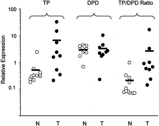 Fig. 1. Expression of TP and DPD in GBM (T) and normal brain (N) tissue. As shown above, TP expression is higher in GBM (n = 9) as compared with normal brain (n = 11) with a mean difference of 6.2 (SD = 7.2; P = 0.13). There was no significant difference in DPD expression levels in the same tissue samples (mean difference of 0.32; SD = 2.13; P = 0.76). The average TP/DPD ratio demonstrated in GBM (2.69) is ∼16-fold higher than that of normal brain tissue (0.17) and is primarily because of TP overexpression in GBM. This profile should result in selective conversion of Capecitabine in tumor compared with normal brain tissues (16-fold higher TP/DPD ratio in GBM relative to normal brain).