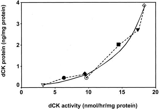 Fig 3. Relation between dCK protein levels (ng/mg total protein) and dCK activity (nmol/h/mg total protein) in various human tumor xenografts (exponential regression curve fit: r = 0.964; P < 0.001). Values are the mean of three separate tumors and experiments; bars, ± SE.