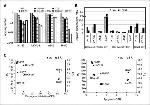 Figure 3. Effects of radiation combined with cisplatin on clonogenic inhibition or apoptosis of lung cancer cells. A, cells were incubated with cisplatin (H-157, 0.04 μg/mL; H460 and UKY-29, 0.25 μg/mL; A549, 0.3 μg/mL) and irradiated immediately with either 4 fractions of 0.5 Gy separated by 8 hours or single fraction of 2 Gy. SFs were determined by colony-forming assays. B, chemoenhancement ratios calculated from the data obtained in A for 2 Gy or LDFRT is shown as clonogenic inhibition-CER. Furthermore, cells were incubated with cisplatin alone or irradiated (LDFRT or 2 Gy) or exposed to combined treatment. After 48 hours, cells were fixed in 70% ethanol and stained with propidium iodide. DNA content was measured by flow cytometry and data were analyzed for sub G0‐G1 population to estimate apoptosis and CER (flow cytometry-CER). Also, CER determined by TUNEL assay is shown as TUNEL-CER. C, CER obtained from either colony-forming assay (clonogenic inhibition) or flow cytometric analysis (apoptosis) with LDFRT is plotted against D0 or SF2 (determined from Figure 1 data by using single-hit multiple target model) to show the correlation between radiation sensitivity and chemopotentiating effects of LDFRT.