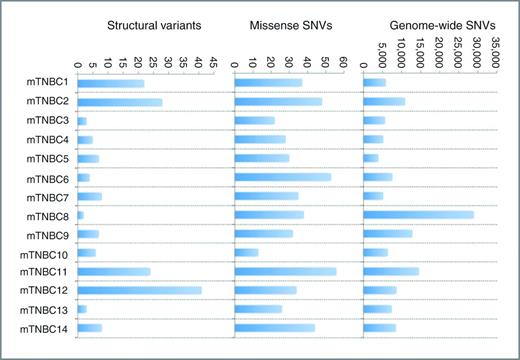 Figure 1. Counts of somatic alteration classes by sample. Number of somatic mutations by number of single-nucleotide missense mutations (nonsense, nonsynonymous, premature stop) and structural variants as determined by discordant read-pairs and total number of SNVs.