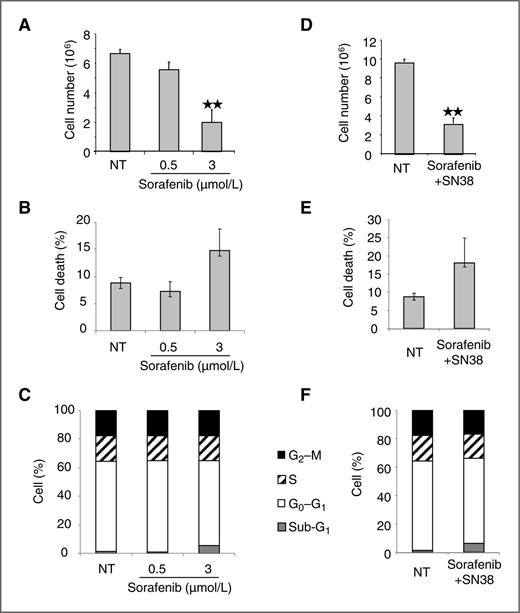 Figure 2. Synergistic effect of sorafenib and SN-38. A, number of viable HCT116 cells determined by counting after 96 hours treatment with sorafenib 0.5 and 3 μmol/L. Data are the mean of three independent experiments. B, apoptosis of HCT116 cells following exposure to sorafenib (0.5 and 3 μmol/L) for 96 hours. Apoptosis was determined by 7-AAD and Annexin V-FLUOS staining with a FACScan. C, HCT116 cell-cycle distribution after sorafenib treatment was measured by propidium iodide staining with a FACScan flow cytometer. FACS profiles and the proportion of cells in each phase of the cell cycle are presented: cells in G2/M (black), S (white and black slashes), G0/G1 (white), and the sub-G1 phase (gray). Cells in sub-G1 represent cells in late apoptosis. D, number of viable HCT116 cells determined by counting after 96 hours treatment with sorafenib 0.5 μmol/L + SN-38 0.7 nmol/L. Data are the mean of three independent experiments. E, apoptosis of HCT116 cells following exposure to sorafenib 0.5 μmol/L + SN-38 0.7 nmol/L for 96 hours. Apoptosis was determined by 7-AAD and Annexin V-FLUOS staining with a FACScan. F, HCT116 cell-cycle distribution after sorafenib 0.5 μmol/L + SN-38 0.7 nmol/L was measured by propidium iodide staining with a FACScan flow cytometer. FACS profiles and the proportion of cells in each phase of the cell cycle are presented: cells in G2/M (black), S (white and black slashes), G0/G1 (white), and the sub-G1 phase (gray). Cells in sub-G1 represent cells in late apoptosis. **, P < 0.01.