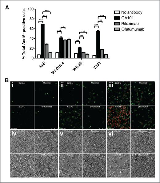 Figure 3. A, GA101-, rituximab-, and ofatumumab-mediated direct cell death assessed in four CD20-expressing cell lines, Raji, SU-DHL4, Wil2S, and Z138. Cells were incubated for 24 hours with CD20 antibodies (10 μg/mL) and subsequently stained with Annexin V–FITC and PI to detect apoptotic cells by flow cytometry. In three of four cell lines tested (Raji, Wil2S, and Z138), GA101 induced significantly stronger Annexin V+/PI+ cells compared with rituximab and ofatumumab. The data from one of three independent experiments carried out for each cell line are shown. The average and SDs were calculated from the triplicates in each experiment. Statistical analysis, Student t test, ***, P < 0.0001; *, P ≤ 0.05. B, time-lapse imaging of direct cell-death induction in Z138 lymphoma cells treated with rituximab, ofatumumab, or GA101. Images were taken at time = 0 (i and iv), time = 2 hours (ii and v), and time = 5.5 hours (iii and vi). Fluorescent (i)–(iii) represent Annexin V (Ann V) FLUOS (detects phosphatidylserine exposure, green) and PI (detects loss of membrane integrity, red). Corresponding transmission images are shown in (iv)–(vi). Control- (buffer only), rituximab-, and ofatumumab-treated cells display limited direct cell-death induction. In contrast, incubation with GA101 leads to profound cell death within 5 to 6 hours. See also Supplementary Video S1.