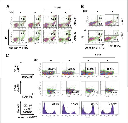 Figure 6. The MK-8776/HDACI regimen is active against primary AML cells including CD34+/CD38−/CD123+ primitive population, whereas spare normal CD34+ cells. A and B, primary blasts from 2 patients with AML (A) and normal cord blood CD34+ cells (B) were exposed (24 hours) to 500 nmol/L MK-8776 ± 1.5 μmol/L vorinostat, after which Annexin V/PI uptake was monitored by flow-cytometry. C, bone marrow mononuclear cells from a primary AML sample were stained with CD123-APC, CD38-PerCP, CD34-PE, and Annexin V–FITC, after which the percentage of apoptosis was determined in the primitive CD34+/CD38−/CD123+ population.