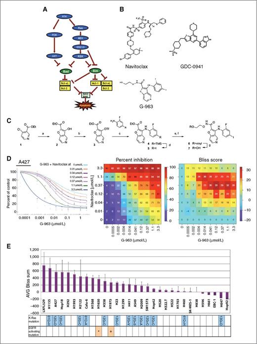 Figure 1. Navitoclax enhances the activity of G-963 in NSCLC cell lines. A, MAPK and PI3K pathway regulation of intrinsic apoptosis. B, chemical structures of navitoclax (ABT-263), G-963, and GDC-0941. C, general synthetic strategy for G-963: ethyl glycolate, NaH, DMF, 0°C to rt, 16 hours (86%; a); TfNPh2, DIPEA, DME, 95°C, 35 minutes (80%; b); Pd2(dba)3, XantPhos, K3PO4, 105°C, 24 hours (93%; c); AgBF4, ICl, DCM, −50°C, 1 hour (86%; d); 1 mol/L NaOH, EtOH, 65°C, 1.5 hours (e); H2C = CH-O(CH2)2ONH2, HOBT, EDCI, DIPEA, THF, rt, 18 hours (60% over 2 steps; f); 1 mol/L HCl, MeOH, EtOH, rt, 1.5 hours (91%; g). D, example of synergistic activity of navitoclax and G-963 in A427 cells. Left, G-963 dose–response curves in the presence of various doses of navitoclax; middle, heat map of growth inhibition; and right, heat map of Bliss scores. E, average Bliss sums and mutational status of EGFR and KRAS across the NSCLC panel. For EGFR mutation status, *, DEL.745KELREA > K; +, 790T > M, 858L > R. Error bars, SD.