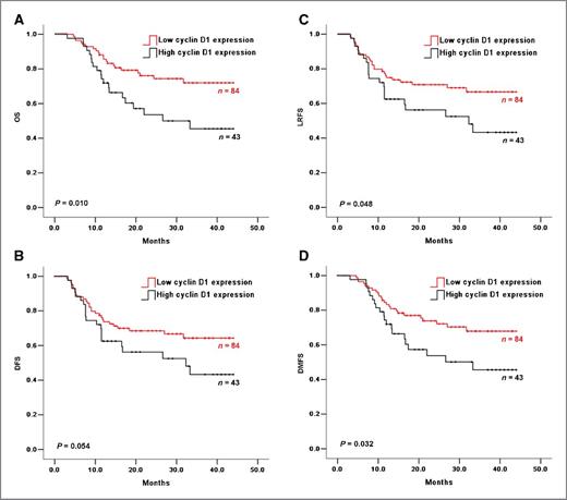 Figure 2. In the control arm, OS (A), DFS (B), LRFS (C), and DMFS (D) in patients with OSCC with low and high cyclin D1 expression.