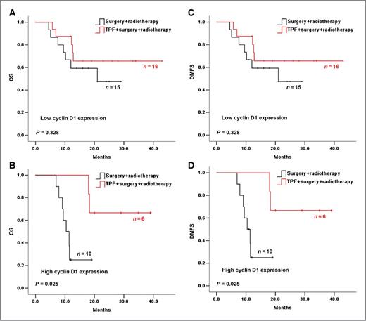 Figure 4. OS (A and B) and DMFS (C and D) in cN2 OSCC patients in the experimental and control arms according to the low cyclin D1 expression (A and C) and high cyclin D1expression (B and D).