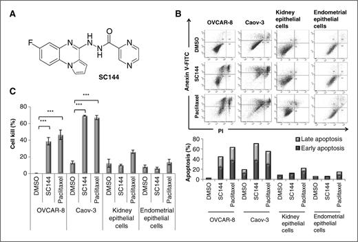 Figure 1. SC144 is cytotoxic to human ovarian cancer cell lines. A, chemical structure of SC144. B, SC144 causes significantly more apoptosis in OVCAR-8 and Caov-3 than normal kidney epithelial and normal endometrial cells. After treatment with SC144 (2 μmol/L), paclitaxel (2 μmol/L), or equal amount of DMSO for 72 hours, cells were stained with Annexin V–FITC and propidium iodide (PI) and then analyzed by flow cytometry. Top, cells in the bottom left quadrant of each panel (Annexin V–negative, PI-negative) are viable, whereas cells in the top left quadrant (Annexin V–positive, PI-negative) are in the early apoptotic stage, and cells in the top right quadrant (Annexin V–positive, PI-positive) are in the late apoptotic/necrotic stage. Bottom, the percentage of apoptotic cells is shown in a histogram. C, analysis of SC144 induced cell death in OVCAR-8, Caov-3, normal kidney epithelial, and normal endometrial cells. After treatment with SC144 (2 μmol/L), paclitaxel (2 μmol/L), or equal amount of DMSO for 72 hours, cells were stained with trypan blue. Histogram shows the percentage of trypan blue–stained cells after indicated treatment (***, P < 0.001; paired t test. Bar, SEM).
