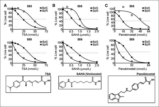 Figure 3. Mouse cell lines respond differently to HDAC inhibitors. A–C, kill curve analysis of 2 representative pairs of BzS and BzR mouse cell lines (595, top; 589, bottom). Cell viability data were collected over a range of 0 to 100 nmol/L trichostatin A (A), 0 to 4 μmol/L vorinostat (B), or 0 to 128 nmol/L panobinostat (C). Open squares represent BzS lines and filled squares represent BzR lines. All data points shown were normalized to untreated controls. Error bars, which are shown but are smaller than the data symbols, represent the SD of triplicate reads over each experiment. Drug structures are shown below corresponding kill curves. TSA, trichostatin A.