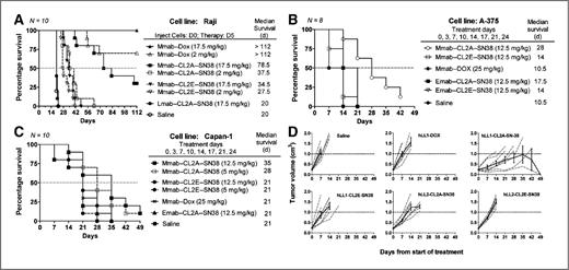 Figure 4. Comparing milatuzumab–SN-38 and doxorubicin ADCs in 3 human tumor xenograft models. A, disseminated model of lymphoma (Raji; 10/group) was given a single intravenous dose of the agents listed 5 days after intravenous injection of tumor cells. B, subcutaneous A-375 melanoma xenografts (8/group) and Capan-1 pancreatic adenocarcinoma xenografts (10/group; C) using milatuzumab (Mmab) conjugates given intraperitoneally on the days indicated. D, individual animal data from the A375 study in B, showing tumor size progression (dashed lines) plotted with the average ± SEM (solid line). Dotted horizontal line at 1.0 cm3 marks the time when animals were removed from study due to tumor progression (i.e., survival time). Lmab, labetuzumab humanized anti-CEACAM5 IgG; Emab, epratuzumab humanized anti-CD22 IgG.