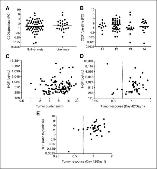 Figure 5. There is no correlation between the pharmacodynamic assessment of cHGF and liver metastasis, tumor stage, or tumor response. A, the ratio of cHGF relative to predose for each patient was evaluated with respect to the presence or absence of liver metastasis. There were 24 patients with liver metastasis and 59 patients without liver metastasis. B, the ratio of cHGF relative to predose for each patient was evaluated with respect to stage of the tumor as defined by tumor stage 1 (n = 11), 2 (n = 41), 3 (n = 14), or 4 (n = 15). C, baseline cHGF from the phase II clinical study are plotted against tumor size as assessed by measurement of sum of the longest unidimensional diameter for lesions of interest using computed tomography scans (tumor burden). D, baseline cHGF from the phase II clinical study are plotted against the change in size of the tumor from assessment day 42 relative to the initial assessment at day 1 as assessed by measurement of sum of the longest unidimensional diameter for lesions of interest using computed tomography scans (tumor response). E, the ratio of cHGF levels from predose (Day 1) and postdose (Day 21) were plotted relative to the change in size of the tumor from assessment day 42 relative to the initial assessment at day 1 (tumor response). The dotted line indicates a reduction of ≥30% of tumor size.