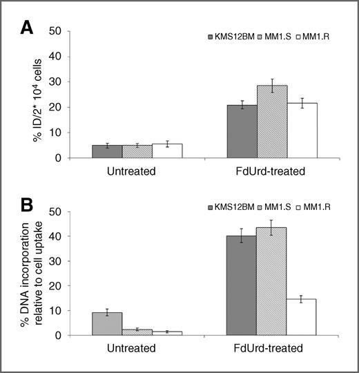 Figure 3. Effect of stimulation with FdUrd on (A) cellular uptake [% of incubated dose (ID)/2 × 104 cells] and (B) DNA incorporation of 125I-ITdU (% DNA association relative to total cellular uptake) in myeloma stem-like cells. Data are representative of 3 independent experiments.