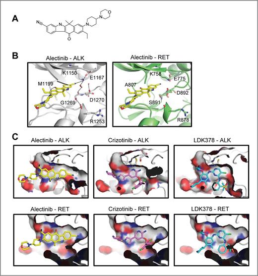 Figure 1. Structural model of alectinib with RET. A, chemical structure of alectinib. B, X-ray structure of alectinib with ALK at the ATP-binding site and 3D model of alectinib with RET. Amino acid residues, which form hydrogen bonds to the ligand directly or via water molecules, are depicted. Alectinib and amino acid residues are shown in stick form (C in yellow, white, and green; O in red; and N in blue). C, X-ray structure of alectinib with ALK (PDB ID: 3AOX), crizotinib with ALK (PDB ID: 2XP2), and LDK378 with ALK (PDB ID: 4MKC) and structural models of RET (PDB ID: 2K2K) with them. Alectinib (C in yellow), crizotinib (C in pink), and LDK378 (C in aqua) are shown in stick form.