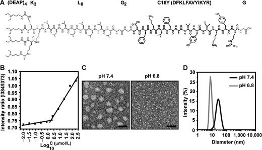 Figure 1. Design and characterization of the DEAP–C16Y nanoformulation. A, schematic structure of the DEAP–C16Y peptide. B, DEAP–C16Y has a CMC of 1.78 μmol/L. C, TEM images of DEAP–C16Y nanostructures at pH 7.4 and 6.8; scale bars, 50 nm. D, the size distribution of DEAP–C16Y nanostructures at pH 7.4 and 6.8 analyzed by DLS.