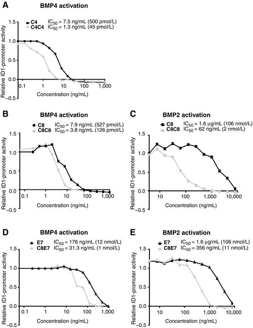 Figure 2. IC50 curves of VHH biheads and monoheads. C2C12 cells were activated with human BMP4 at 5 ng/mL (A, B, D) or BMP2 at 50 ng/mL (C and E) with increasing concentrations of VHHs. Data are representative from 2 experiments and with experimental triplicates each.