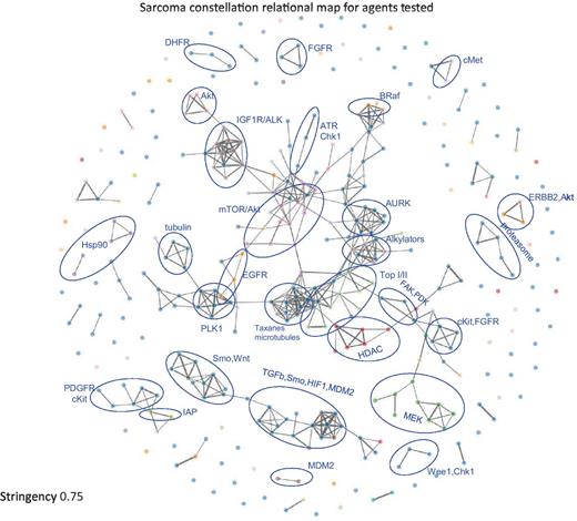 Figure 1. Constellation relational map showing response similarity connections among the approved and investigational anticancer agents tested in the sarcoma lines at a stringency of 0.75. The line thickness is directly proportional to the pair-wise correlation.