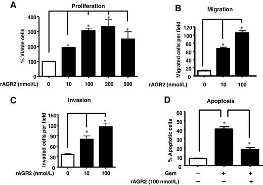 Figure 1. Extracellular AGR2 stimulates PDAC cell aggressiveness. Extracellular addition of rAGR2 (0–500 nmol/L) to AsPC-1 cells led to a dose-dependent increase in cell proliferation (A), migration (B), and invasion (C). D, Gem addition resulted in increased apoptosis. Proliferation is shown as percentage of viable cells over the control. However, extracellular AGR2 significantly reduced the level of Gem-induced apoptosis. Data, mean ± SEM for 3 experiments (*, P < 0.05).