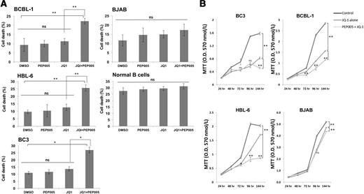 Figure 3. Effects of drug combinations on PEL cell growth. A, JQ1 alone does not induce cell death. Indicated drugs (PEP005, 10 nmol/L; JQ1, 100 nmol/L) were incubated with different B-cell lymphoma lines, and cell killing effects were measured by trypan blue staining after 48 hours of incubation. B, Inhibition of cell growth by the combination PEP005 with JQ1. B-cell lymphoma lines were incubated with indicated drugs (PEP005, 10 nmol/L; JQ1, 100 nmol/L), and cell growth were measured with MTT analyses in triplicate. At day 3 (72 hours), all wells were reseeded once again with same numbers of cells with appropriate dilution to prevent overgrowth. Each drug was also added when we reseeded the cells. Dilution factors were multiplied (where necessary, e.g., control) to the value of O.D. 570 at 96 and 144 hours time points. Values are represented as means ± SEM. ns, not significant; *, P < 0.05; **, P < 0.01.