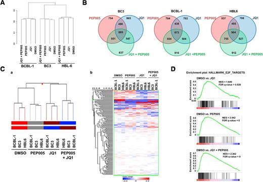 Figure 6. Transcriptome profiling of PEL cell lines treated with KSHV-reactivating agents. Three PEL cell lines were treated for 24 hours with vehicle control (DMSO), JQ1, PEP005, or the combination (JQ1 + PEP005). RNA-seq analysis was performed on total RNA samples (200 ng) followed by data analysis with a HISAT-Cufflinks pipeline to yield normalized FPKM expression values. A, Hierarchical clustering of the 12 transcriptomes (i.e., all values passing filter) was performed using the CummeRbund package in R. B, The relatedness of differentially-regulated genes (by ≥2-fold relative to DMSO) associated with different KSHV-reactivating treatments in each cell line were identified by intersection analysis and depicted with Venn diagrams. The number of DEGs that were either up- or downregulated are indicated in each section of the diagram. C, Hierarchical clustering performed on treatment-induced DEGs (ANOVA, P < 0.05, n = 226) demonstrates clustering of the samples according to treatment, as shown by the (a) dendrogram and (b) heatmap of expression values. D, GSEA. Gene enrichment score plot shows enrichment of gene sets containing target genes of E2F among affected by JQ1, PEP, or in combination in BCBL-1 cells. NES, normalized enrichment score.