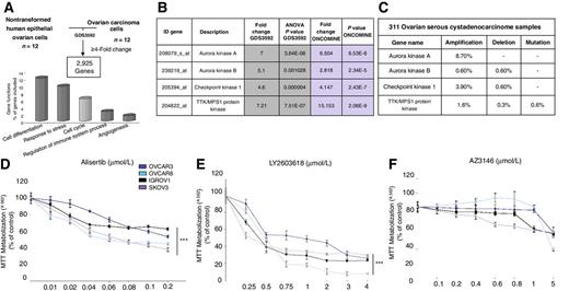 Figure 1. Identification of druggable cell-cycle kinases in ovarian cancer. A, Gene expression analysis comparing nontransformed human epithelial ovarian cells and ovarian carcinoma cells using data contained at GDS3592. Functional annotation of deregulated genes as reported by DAVID Bioinformatics 6.8. B, Fold change and P value of AURKA, AURKB, CHEK1, and TTK protein kinase/MPS1 from data contained at GDS3592 and Oncomine (www.oncomine.org). C, Gene alterations (amplifications, deletions, and mutations) in AURKA, AURKB, CHEK1, and TTK/MPS1 were studied using cBioportal. D–F, Effect of AURKA inhibitor (alisertib; D), CHEK1 inhibitor (LY2603618; E), and TTK protein kinase/MPS1 inhibitor (AZ3146; F) on cell proliferation in OVCAR3, OVCAR8, SKOV3, and IGROV1 using MTT assays, as described in Materials and Methods. Student t test was used to determine statistical significance between control and the most effective concentrations.