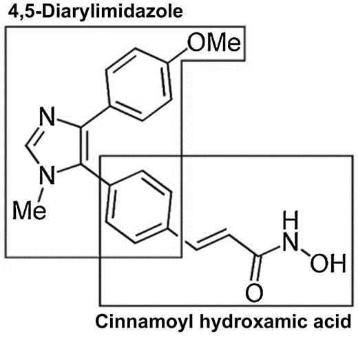 Figure 1. Chemical structure of animacroxam. The dual mode inhibitor animacroxam consists of a cinnamoyl hydroxamic acid group linked to a 4,5-diarylimidazole moiety.